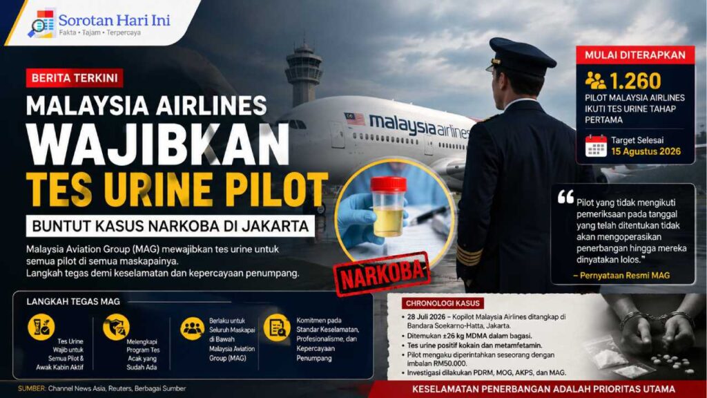 Malaysia Airlines Wajibkan Tes Urine Pilot Usai Kasus Narkoba di Jakarta
