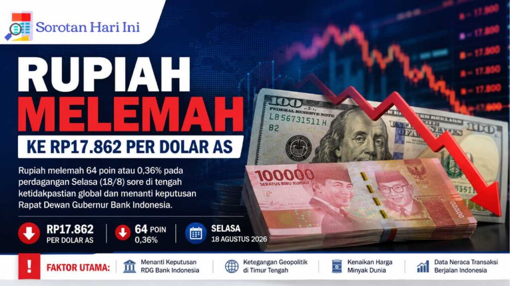 Rupiah Melemah ke Rp17.862 per Dolar AS Sore Ini