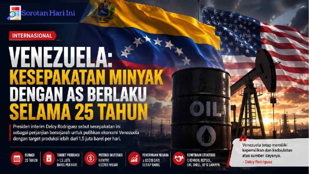 Kesepakatan Minyak Venezuela AS Berjalan Selama 25 Tahun Delcy Rodríguez menyebut durasi Kesepakatan Minyak Venezuela AS mencapai 25 tahun. Jangka waktu tersebut menunjukkan bahwa kerja sama ini dirancang sebagai proyek jangka panjang. Dengan durasi yang panjang, kedua negara memiliki waktu untuk meningkatkan kapasitas produksi secara bertahap. Namun, periode 25 tahun juga membawa tantangan. Kondisi politik, harga minyak, investasi, dan kebijakan energi dapat berubah. Karena itu, kepastian hukum menjadi faktor penting. Selain itu, proyek minyak membutuhkan modal besar. Perusahaan harus membangun atau memperbaiki fasilitas produksi, jaringan pipa, serta infrastruktur pendukung. Proses tersebut tentu membutuhkan waktu. Rodríguez berharap kerja sama ini dapat mempercepat pemulihan sektor energi Venezuela. Pemerintah juga ingin meningkatkan penerimaan negara melalui produksi minyak. Meski demikian, keberhasilan proyek tidak hanya bergantung pada kontrak. Realisasi investasi dan kemampuan meningkatkan produksi akan menjadi ukuran utama dalam beberapa tahun mendatang. Target Produksi Lebih dari 1,5 Juta Barel per Hari Salah satu target utama proyek adalah produksi lebih dari 1,5 juta barel per hari. Rodríguez menjelaskan bahwa angka tersebut berkaitan dengan proyek bilateral bersama Amerika Serikat. Dengan demikian, angka itu tidak seharusnya langsung dianggap sebagai target keseluruhan produksi nasional Venezuela. Target tersebut memang ambisius. Pasalnya, meningkatkan produksi minyak membutuhkan lebih dari sekadar cadangan besar. Venezuela juga memerlukan peralatan, teknologi, tenaga ahli, dan infrastruktur yang memadai. Selain itu, fasilitas yang telah lama beroperasi membutuhkan pemeliharaan. Beberapa lapangan bahkan memerlukan investasi baru agar produksi dapat meningkat. Karena itu, modal dari perusahaan energi akan memainkan peran penting. Teknologi juga dibutuhkan untuk meningkatkan efisiensi produksi. Jika seluruh rencana berjalan sesuai jadwal, produksi minyak Venezuela berpotensi meningkat. Namun, target Kesepakatan Minyak Venezuela AS tetap harus dilihat sebagai sasaran proyek. Hasil sebenarnya akan bergantung pada kondisi operasional dan investasi. Trump Klaim Kesepakatan Mencakup Cadangan Minyak Sangat Besar Presiden AS Donald Trump mengumumkan kesepakatan tersebut pada Jumat, 28 Agustus 2026. Trump menyatakan Amerika Serikat mendapatkan kendali mayoritas atas lebih dari 65 miliar barel cadangan minyak Venezuela. Ia bahkan menyebut kerja sama tersebut sebagai kesepakatan minyak terbesar dalam sejarah dunia. Meski demikian, istilah “kendali” perlu dipahami secara hati-hati. Kendali operasional tidak selalu berarti kepemilikan langsung terhadap cadangan minyak. Rodríguez kemudian menegaskan bahwa Venezuela tetap memiliki dan berdaulat atas sumber daya alamnya. Pernyataan tersebut memberikan konteks penting terhadap klaim Trump. Oleh sebab itu, Kesepakatan Minyak Venezuela AS tidak tepat jika disederhanakan sebagai penjualan cadangan minyak Venezuela kepada Amerika Serikat. Struktur proyek dapat melibatkan investasi, pengembangan lapangan, produksi, dan pembagian penerimaan. Namun, rincian pelaksanaannya tetap menjadi bagian penting yang perlu diperhatikan ketika proyek mulai berjalan. Venezuela Tegaskan Tetap Memegang Kedaulatan Sumber Daya Kedaulatan menjadi salah satu isu utama dalam kerja sama tersebut. Rodríguez menegaskan bahwa Venezuela tetap memiliki sumber daya minyaknya. Pernyataan itu penting karena proyek melibatkan kepentingan ekonomi yang sangat besar. Selain itu, Amerika Serikat diperkirakan memiliki peran kuat dalam pengembangan lapangan minyak. Menurut Rodríguez, pihak AS akan menyediakan modal, teknologi, dan kemampuan operasional. Dukungan tersebut diharapkan membantu Venezuela memulihkan sektor minyaknya. Namun, kepemilikan sumber daya tetap berada di tangan Venezuela. Dari sudut pandang ekonomi, bagian ini akan menjadi salah satu aspek yang paling banyak diperhatikan. Sebab, kontrak selama 25 tahun dapat melewati beberapa periode pemerintahan. Karena itu, transparansi sangat diperlukan. Publik perlu mengetahui struktur investasi, pembagian pendapatan, dan tanggung jawab setiap pihak. Jika transparansi berjalan baik, Kesepakatan Minyak Venezuela AS dapat memperoleh kepastian yang lebih kuat. Sebaliknya, ketidakjelasan aturan dapat meningkatkan risiko pada masa mendatang. Venezuela Perkirakan Penerimaan Sekitar US$19 per Barel Rodríguez juga memaparkan potensi penerimaan negara. Menurut perhitungannya, sekitar US$19 dari setiap barel yang diproduksi dan dijual dapat masuk ke kas Venezuela. Pemerintah menggunakan asumsi harga minyak sekitar US$65 per barel. Dengan skenario tersebut, Rodríguez memperkirakan penerimaan proyek dapat mencapai sekitar US$209,335 miliar selama masa kerja sama. Namun, angka tersebut merupakan proyeksi. Nilainya bukan pendapatan yang sudah pasti diterima Venezuela. Harga minyak dapat berubah dalam periode 25 tahun. Selain itu, volume produksi juga dapat naik atau turun. Biaya pengembangan lapangan menjadi faktor lain yang perlu diperhitungkan. Oleh karena itu, angka penerimaan tersebut sebaiknya dipahami sebagai gambaran potensi ekonomi. Meski begitu, skala Kesepakatan Minyak Venezuela AS memang sangat besar. Jika target produksi tercapai, sektor minyak dapat memberikan tambahan penerimaan penting bagi pemerintah Venezuela. Royalti 16 Persen dan Pajak 34 Persen Masuk dalam Skema Pemerintah Venezuela juga menjelaskan struktur fiskal proyek. Rodríguez menyebut adanya royalti minimal 16 persen. Selain itu, proyek tersebut memuat pajak penghasilan sebesar 34 persen. Ketentuan tersebut dirancang agar negara tetap memperoleh penerimaan dari aktivitas produksi minyak. Namun, jumlah penerimaan akhir tetap bergantung pada banyak faktor. Harga minyak menjadi salah satunya. Volume produksi dan biaya operasional juga memiliki pengaruh besar. Di sisi lain, Venezuela membutuhkan investasi untuk memulihkan infrastruktur energi. Karena itu, pemerintah perlu menjaga keseimbangan antara penerimaan negara dan daya tarik investasi. Skema fiskal yang terlalu berat dapat mengurangi minat investor. Sebaliknya, ketentuan yang terlalu ringan dapat mengurangi manfaat bagi negara. Dalam konteks tersebut, Kesepakatan Minyak Venezuela AS menghadapi tantangan penting. Pemerintah perlu memastikan proyek tetap menarik bagi investor sekaligus memberikan manfaat ekonomi kepada Venezuela. Perusahaan Energi Global Masuk dalam Rencana Venezuela Rodríguez mengatakan Venezuela ingin memperluas kerja sama dengan perusahaan energi internasional. Ia menyebut Chevron, Repsol, Eni, Shell, dan BP. Namun, penyebutan perusahaan tersebut tidak otomatis berarti semuanya sudah menandatangani kontrak baru. Pernyataan Rodríguez lebih tepat dipahami sebagai rencana Venezuela untuk menarik lebih banyak investasi. Negara tersebut membutuhkan modal besar untuk mengembangkan kembali industri minyak. Selain modal, perusahaan global dapat membawa teknologi dan pengalaman operasional. Hal itu penting karena sebagian minyak Venezuela memiliki karakter berat dan membutuhkan pengolahan khusus. Meski demikian, perusahaan akan mempertimbangkan berbagai risiko. Stabilitas kebijakan, aturan investasi, sanksi, dan harga minyak dapat memengaruhi keputusan mereka. Karena itu, ekspansi Kesepakatan Minyak Venezuela AS masih membutuhkan proses lanjutan. Nama perusahaan besar memang menarik perhatian. Namun, kontrak nyata dan nilai investasi akan menjadi indikator yang lebih penting. Investasi Swasta Hampir US$100 Miliar Menjadi Target Pemerintah Amerika Serikat memperkirakan proyek tersebut dapat menarik hampir US$100 miliar investasi swasta. Menteri Luar Negeri AS Marco Rubio menyebut potensi tersebut sebagai keuntungan bagi kedua negara. Investasi dalam jumlah besar tentu dapat mempercepat pembangunan kembali sektor minyak Venezuela. Dana tersebut dapat digunakan untuk pengeboran, fasilitas produksi, jaringan pipa, penyimpanan, dan teknologi. Selain itu, proyek berpotensi menciptakan aktivitas ekonomi baru. Namun, US$100 miliar masih merupakan perkiraan investasi. Angka tersebut bukan berarti seluruh dana sudah tersedia atau telah masuk ke Venezuela. Investor biasanya membutuhkan kepastian kontrak sebelum mengucurkan modal. Mereka juga mempertimbangkan potensi keuntungan dan risiko politik. Oleh sebab itu, realisasi investasi akan menjadi salah satu indikator utama keberhasilan Kesepakatan Minyak Venezuela AS. Jika modal benar-benar masuk secara bertahap, pemulihan produksi dapat bergerak lebih cepat. Cadangan Minyak Besar Belum Tentu Berarti Produksi Tinggi Venezuela dikenal memiliki cadangan minyak terbukti yang sangat besar. Namun, cadangan bawah tanah tidak sama dengan produksi harian. Minyak harus diekstraksi, diproses, disimpan, dan dikirim kepada pembeli. Seluruh proses tersebut membutuhkan infrastruktur yang baik. Selain itu, banyak cadangan Venezuela berupa minyak berat dan ekstra berat. Jenis minyak tersebut membutuhkan teknologi serta proses pengolahan tertentu. Karena itu, besarnya cadangan tidak otomatis membuat produksi melonjak dalam waktu singkat. Inilah alasan investasi menjadi bagian penting dalam Kesepakatan Minyak Venezuela AS. Modal dapat membantu memperbaiki fasilitas yang sudah ada. Teknologi baru juga dapat meningkatkan kemampuan produksi. Namun, proses tersebut membutuhkan waktu. Harga minyak global juga dapat memengaruhi keputusan investasi. Dengan demikian, keberhasilan proyek sebaiknya tidak hanya diukur dari besarnya cadangan. Produksi aktual dan kemampuan mempertahankannya dalam jangka panjang jauh lebih penting. Kesepakatan Minyak Bisa Membantu Pemulihan Ekonomi Venezuela Industri minyak memiliki posisi penting dalam perekonomian Venezuela. Oleh karena itu, peningkatan produksi dapat memberikan efek yang luas. Pemerintah berpotensi memperoleh tambahan penerimaan. Selain itu, investasi dapat menciptakan permintaan terhadap tenaga kerja dan jasa pendukung. Perusahaan transportasi, konstruksi, logistik, dan pemeliharaan juga dapat merasakan dampaknya. Namun, pemulihan ekonomi tidak terjadi hanya karena produksi minyak meningkat. Pemerintah tetap membutuhkan pengelolaan pendapatan yang transparan dan efektif. Diversifikasi ekonomi juga penting. Ketergantungan berlebihan terhadap minyak dapat membuat ekonomi rentan terhadap perubahan harga energi. Karena itu, Kesepakatan Minyak Venezuela AS dapat menjadi salah satu motor pemulihan. Namun, proyek tersebut bukan satu-satunya jawaban terhadap seluruh persoalan ekonomi Venezuela. Dalam jangka panjang, manfaatnya akan bergantung pada investasi nyata, produksi stabil, transparansi, serta penggunaan penerimaan negara secara efektif. Pelaksanaan Kesepakatan Menjadi Hal yang Paling Dinantikan Kesepakatan selama 25 tahun memberikan Venezuela dan Amerika Serikat ruang untuk membangun kerja sama energi jangka panjang. Namun, pengumuman politik baru menjadi langkah awal. Setelah itu, pelaksanaan proyek akan menentukan hasil sebenarnya. Investor perlu masuk. Infrastruktur harus diperbaiki. Selain itu, lapangan minyak harus mampu meningkatkan produksi secara konsisten. Transparansi juga akan menjadi faktor penting. Pemerintah Venezuela berjanji memberikan informasi mengenai investasi, produksi, penerimaan negara, dan ketentuan bagi operator. Langkah tersebut penting karena nilai proyek sangat besar. Di sisi lain, perbedaan bahasa politik antara kedua negara tetap menarik perhatian. Trump berbicara mengenai kendali mayoritas. Sementara itu, Rodríguez menegaskan kedaulatan Venezuela. Karena itu, perkembangan Kesepakatan Minyak Venezuela AS perlu dilihat dari implementasinya. Produksi aktual, investasi yang benar-benar masuk, dan penerimaan negara akan memberikan gambaran yang lebih jelas dibandingkan klaim politik semata.