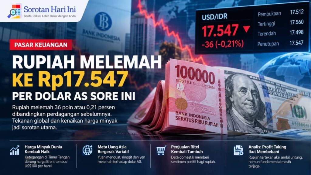 Rupiah Melemah ke Rp17.547 per Dolar AS Sore Ini, Tekanan Global Menguat